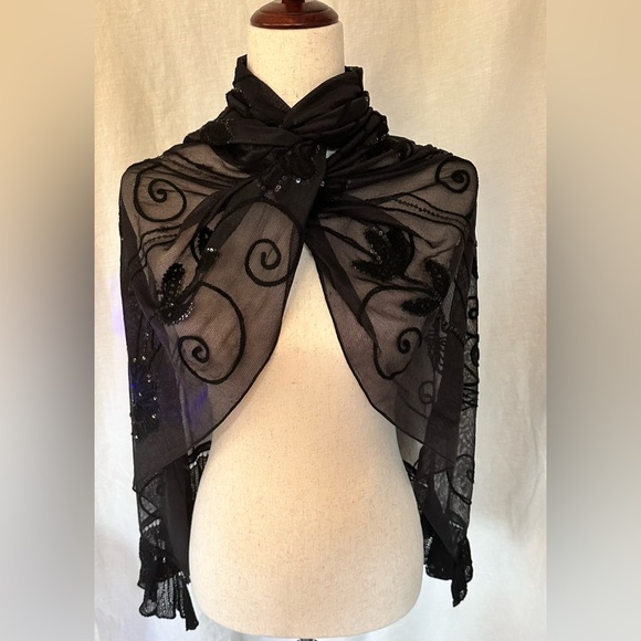 Beaded and Embroidered Black Lace Scarf/Shawl - Picture 6 of 16
